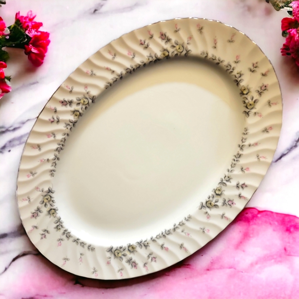 Vtg Style House China Picardy Oval Platter Rose Buds Platinum Rim